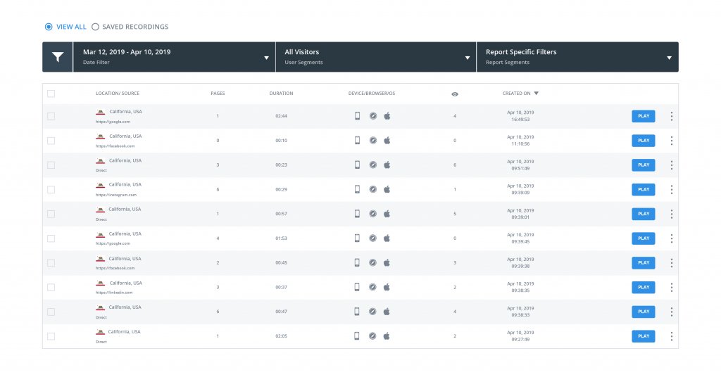 screenshot of all the session recordings of iPhone users who purchased and are from California.