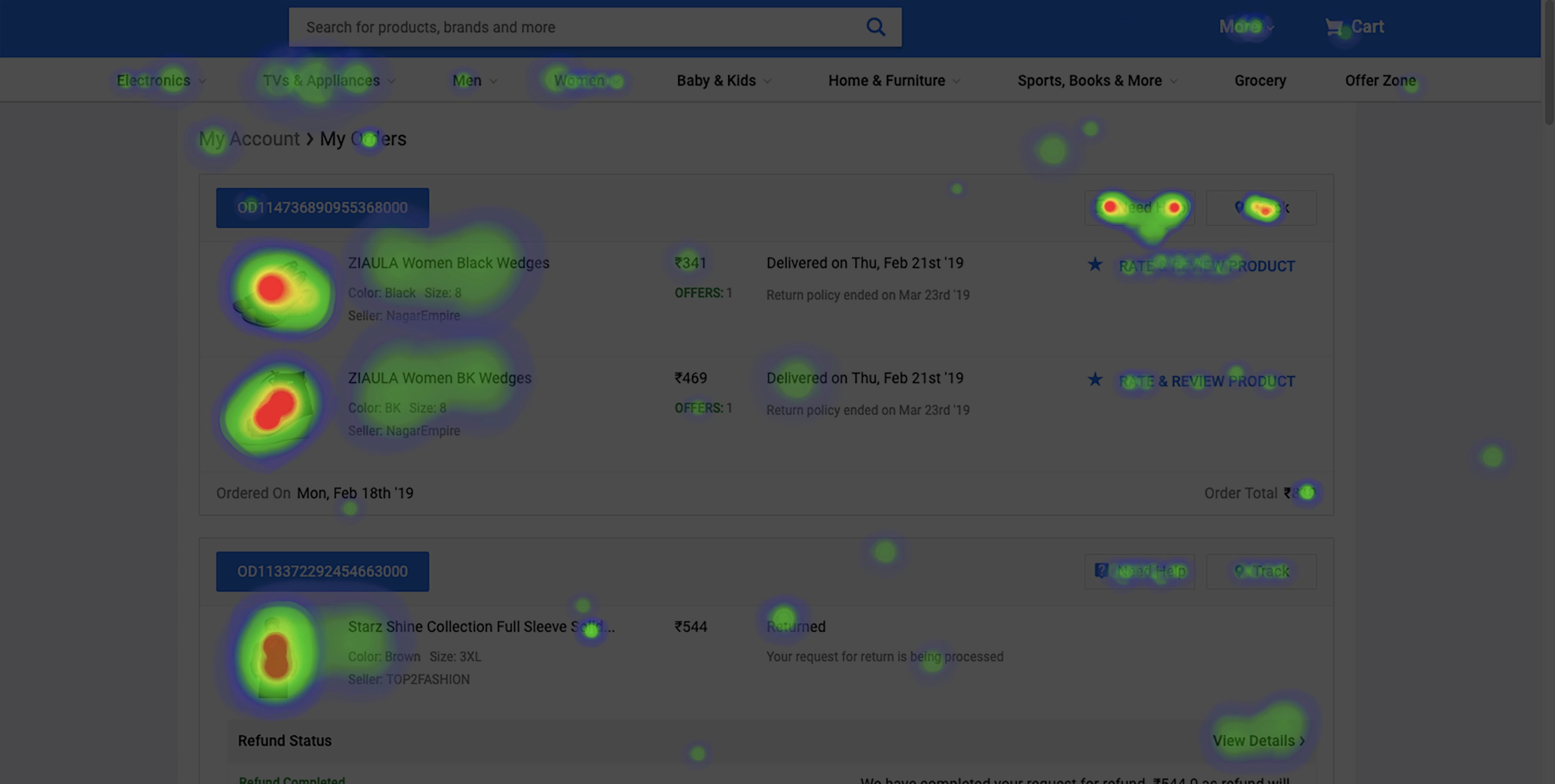 screenshot of the heatmap on the order checkout page highlighting which elements get the maximum traction