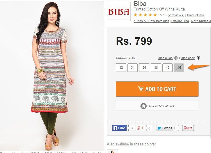 correct size unavailability on Jabong.com