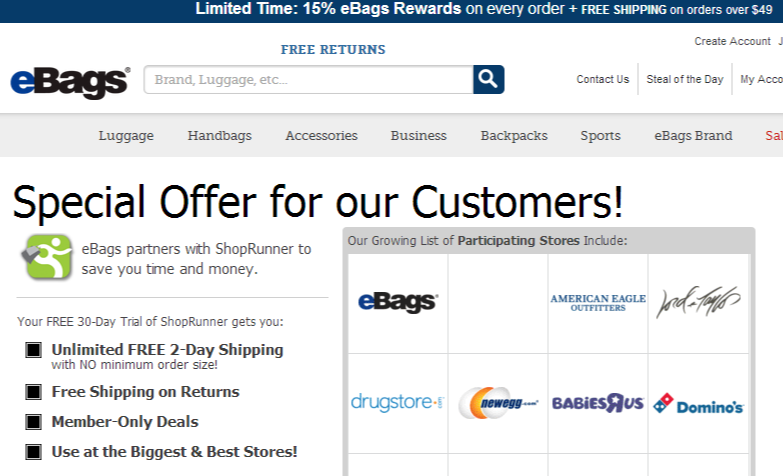 eBags displays its limited time offer in the top banner Urgency